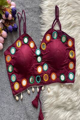 Wine purple real mirror work cotton blouse for women | designer sleeveless back open navratri garba 1