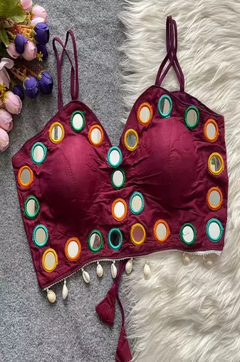 Wine purple real mirror work cotton blouse for women | designer sleeveless back open navratri garba