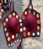 Wine purple real mirror work cotton blouse for women | designer sleeveless back open navratri garba