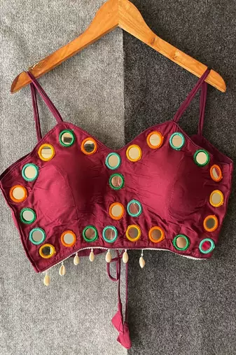 Wine purple real mirror work cotton blouse for women | designer sleeveless back open navratri garba