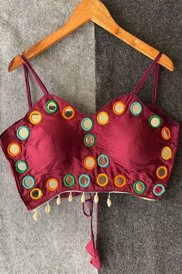 Wine purple real mirror work cotton blouse for women | designer sleeveless back open navratri garba