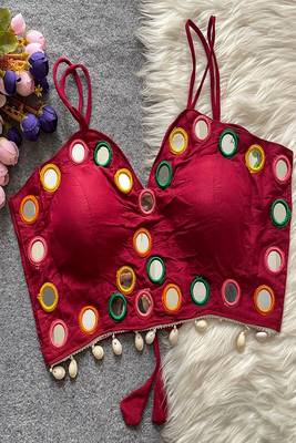 Dark rani pink real mirror work cotton blouse for women | designer sleeveless back open navratri garba 1
