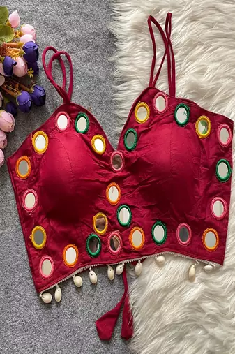 Dark rani pink real mirror work cotton blouse for women | designer sleeveless back open navratri garba