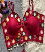 Dark rani pink real mirror work cotton blouse for women | designer sleeveless back open navratri garba
