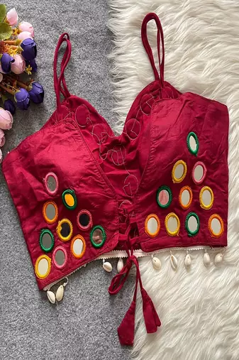 Dark rani pink real mirror work cotton blouse for women | designer sleeveless back open navratri garba