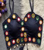 Navy blue real mirror work cotton blouse for women | designer sleeveless back open navratri garba
