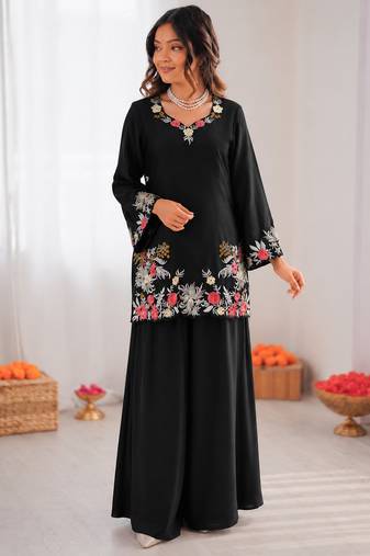 Black reyon satin thread work plazzo suit