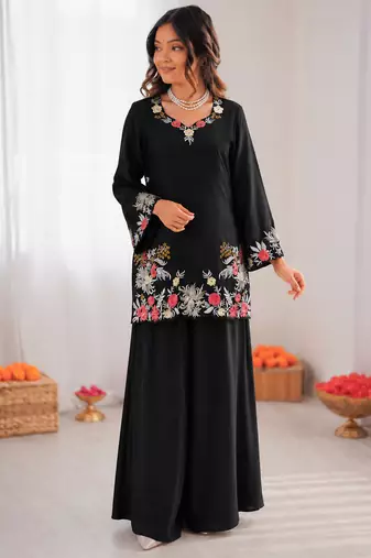 Black reyon satin thread work plazzo suit