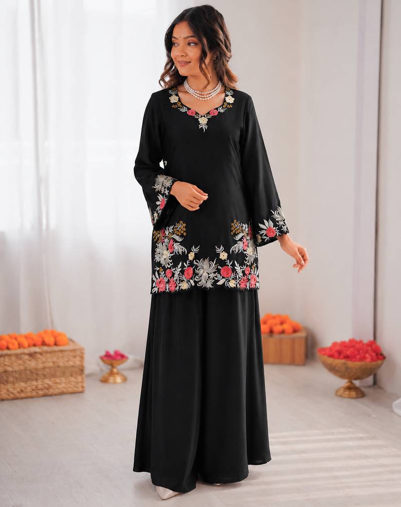 Black reyon satin thread work plazzo suit