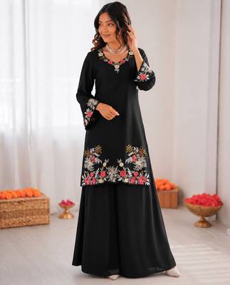 Black reyon satin thread work plazzo suit 2