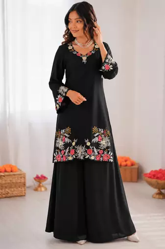 Black reyon satin thread work plazzo suit
