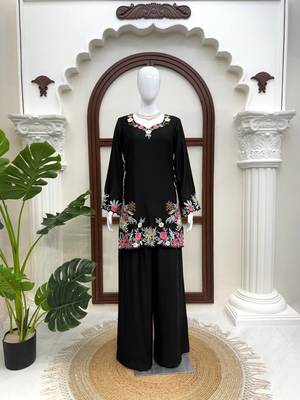 Black reyon satin thread work plazzo suit 3