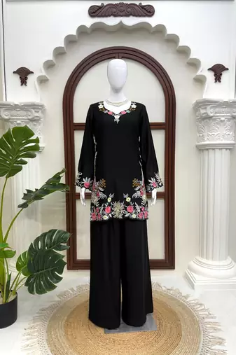 Black reyon satin thread work plazzo suit