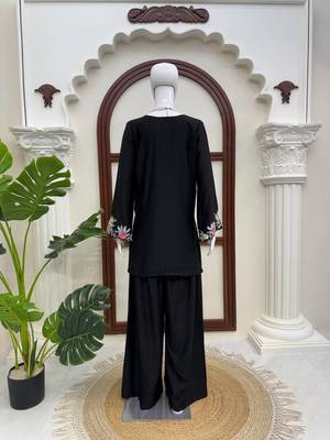 Black reyon satin thread work plazzo suit 4