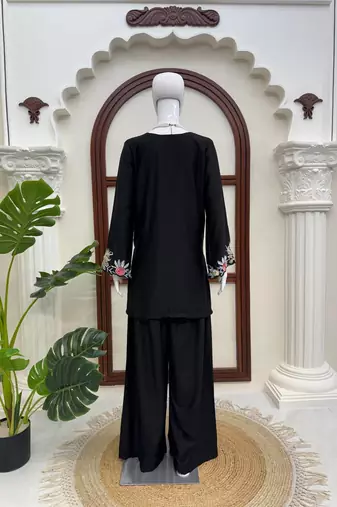Black reyon satin thread work plazzo suit