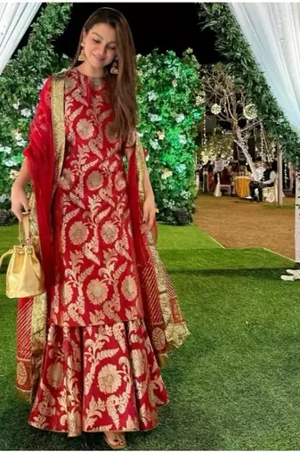 Red Banarasi Brocade Sharara Set | Gold Zari Ethnic Wear