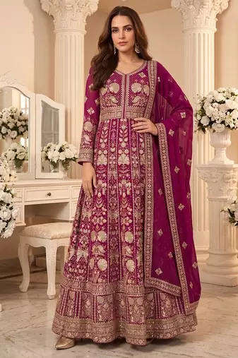 Rani pink  georgette embroidered anarkali gown with chinon dupatta