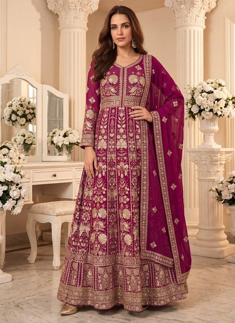 Rani pink  georgette embroidered anarkali gown with chinon dupatta