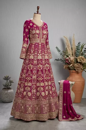 Rani pink  georgette embroidered anarkali gown with chinon dupatta
