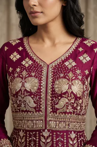Rani pink  georgette embroidered anarkali gown with chinon dupatta