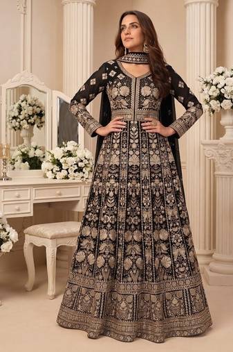 Black  georgette embroidered anarkali gown with chinon dupatta