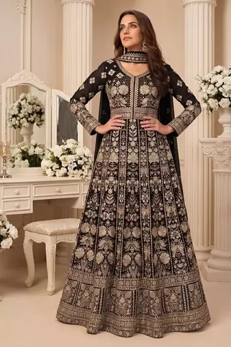 Black  georgette embroidered anarkali gown with chinon dupatta