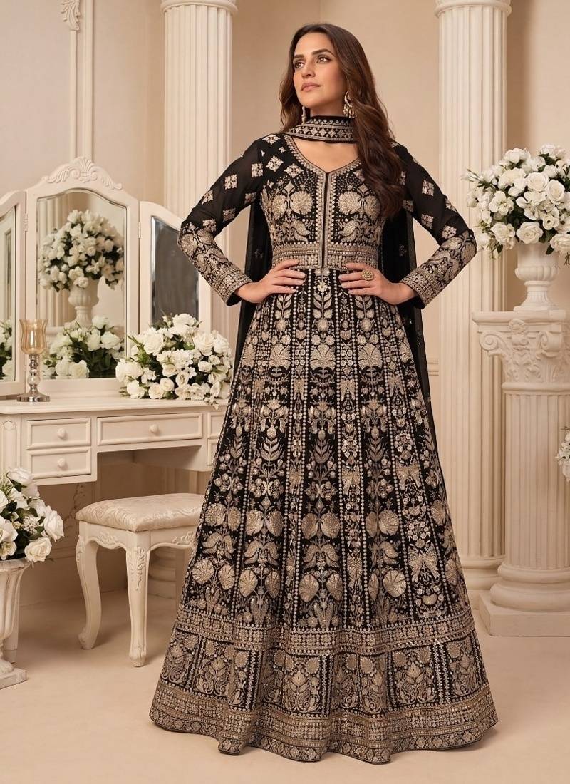 Black  georgette embroidered anarkali gown with chinon dupatta