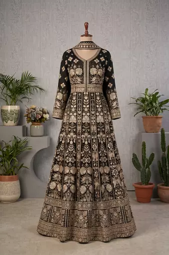 Black  georgette embroidered anarkali gown with chinon dupatta