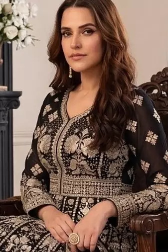 Black  georgette embroidered anarkali gown with chinon dupatta