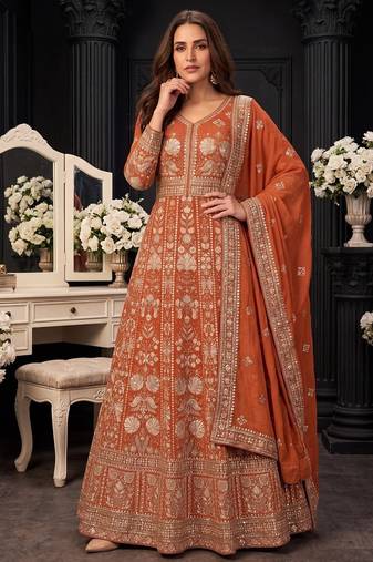 Orange  georgette embroidered anarkali gown with chinon dupatta