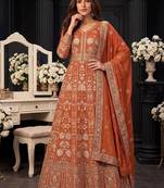 Orange  georgette embroidered anarkali gown with chinon dupatta