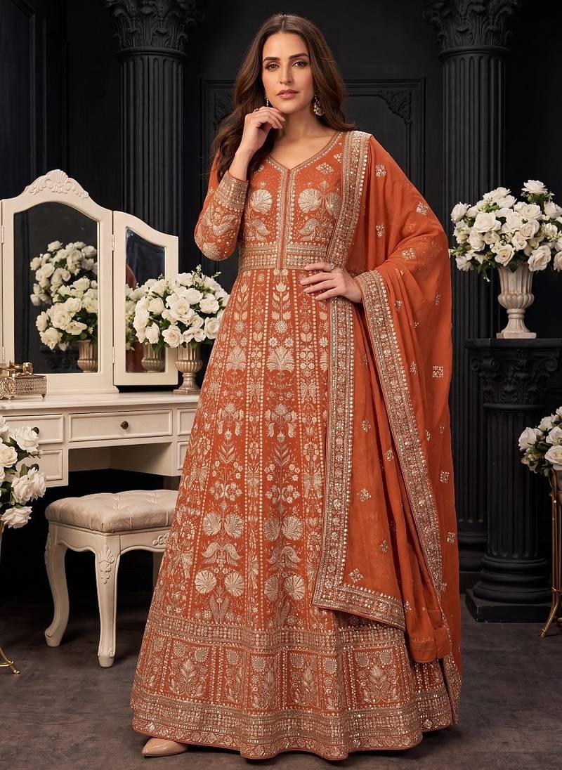 Orange  georgette embroidered anarkali gown with chinon dupatta