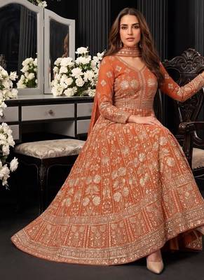 Orange  georgette embroidered anarkali gown with chinon dupatta 2