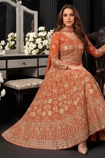 Orange  georgette embroidered anarkali gown with chinon dupatta