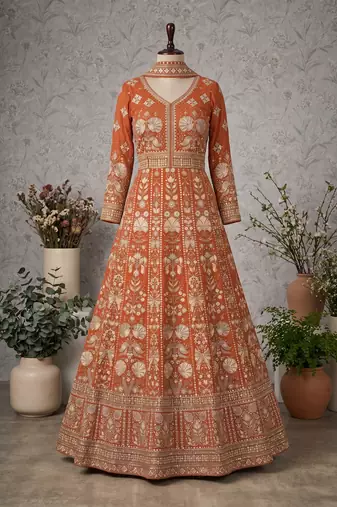 Orange  georgette embroidered anarkali gown with chinon dupatta