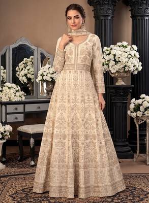 Cream  georgette embroidered anarkali gown with chinon dupatta 1