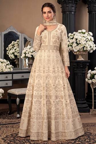 Cream  georgette embroidered anarkali gown with chinon dupatta