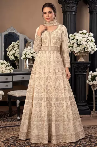 Cream  georgette embroidered anarkali gown with chinon dupatta