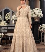 Cream  georgette embroidered anarkali gown with chinon dupatta