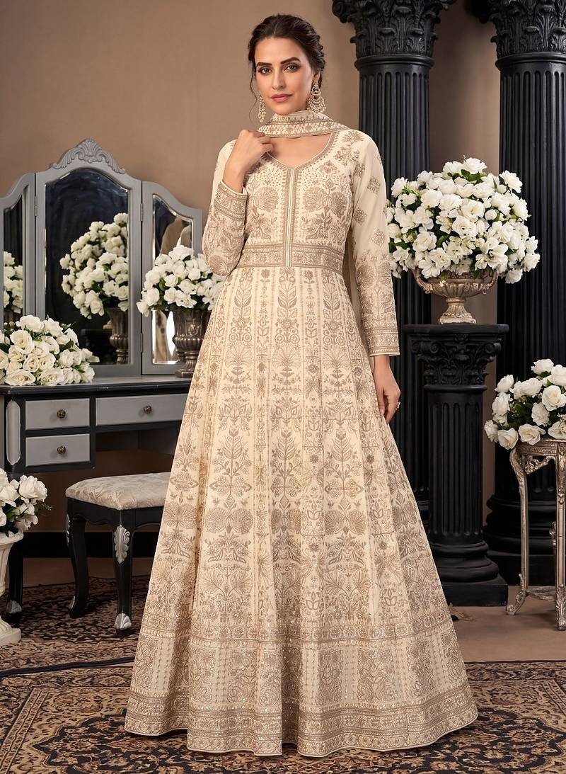 Cream  georgette embroidered anarkali gown with chinon dupatta