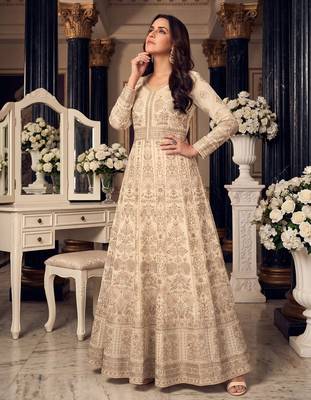 Cream  georgette embroidered anarkali gown with chinon dupatta 2
