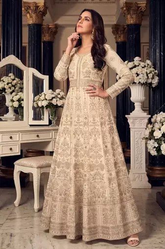 Cream  georgette embroidered anarkali gown with chinon dupatta