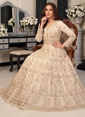 Cream  georgette embroidered anarkali gown with chinon dupatta 3
