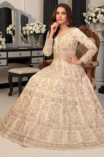 Cream  georgette embroidered anarkali gown with chinon dupatta