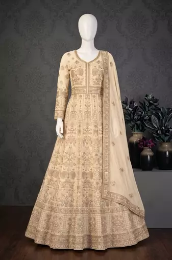 Cream  georgette embroidered anarkali gown with chinon dupatta
