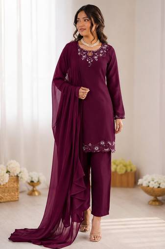 Wine art silk thread with sequence salwar suit