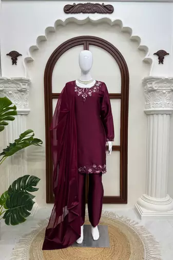 Wine art silk thread with sequence salwar suit