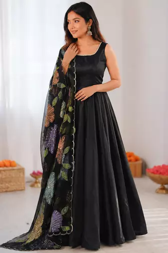 Black crepe silk thread with sequence salwar suit