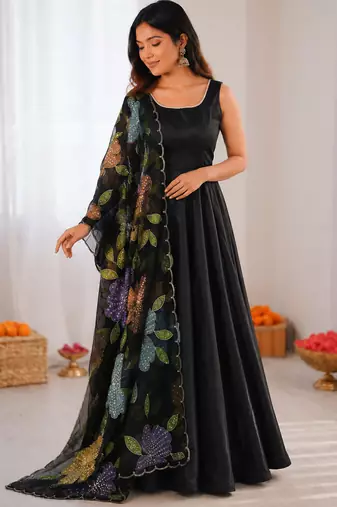 Black crepe silk thread with sequence salwar suit