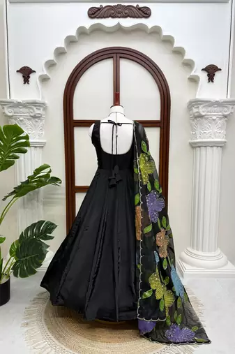 Black crepe silk thread with sequence salwar suit